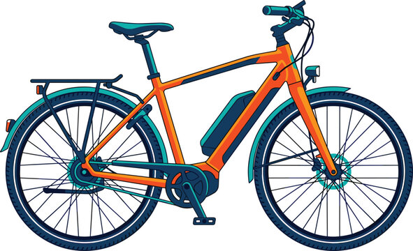 Modern orange electric bicycle with battery pack flat vector illustration isolated on white