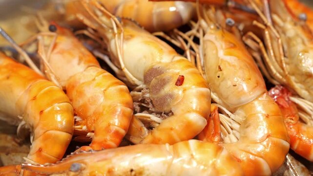 Cooked Shrimp Seafood Closeup with Glossy Orange Shells and Fresh Food Texture
