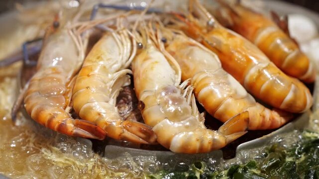 Fresh Raw Shrimp Seafood Shellfish Crustacean with Shells and Antennae on Ice Market Display
