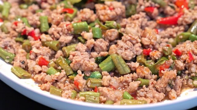 Minced Meat Green Bean Red Pepper Dish, Spicy Savory Close Up Plate Texture