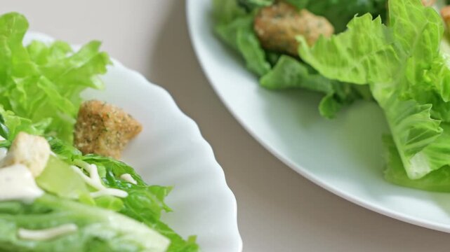 Romaine Lettuce Salad with Creamy Dressing and Crouton on White Plate