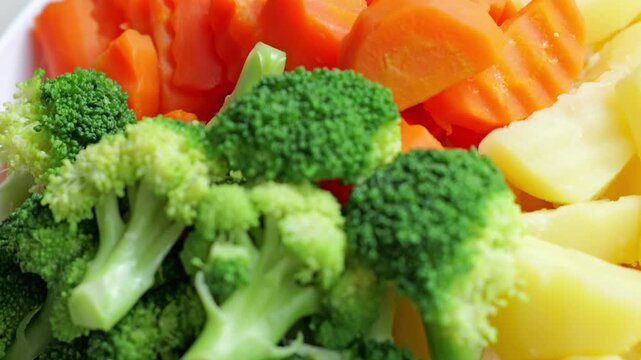 Fresh Broccoli Carrot Potato Vegetable Assortment with Colorful Sliced Produce Closeup