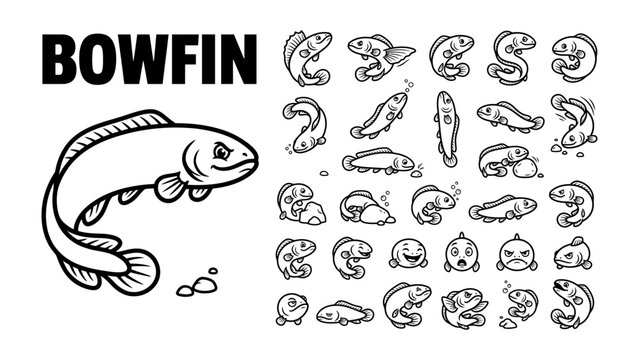 Bowfin Fish Cartoon Collection: A stylized illustration of a bowfin fish presented in various whimsical poses, accompanied by the word BOWFIN in bold typography, offering a playful graphic resource.