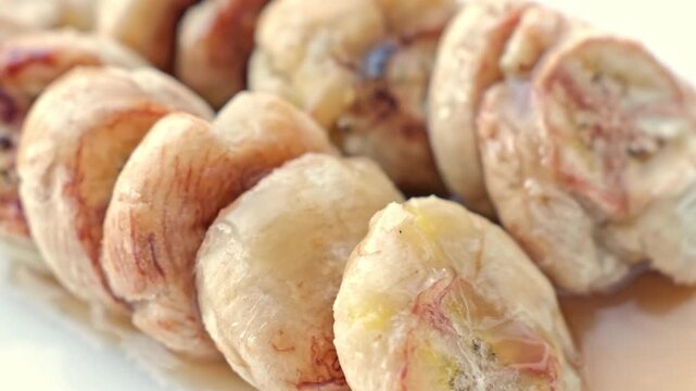 Clam Shell Fossil Specimen Closeup With Layered Mineral Texture, Fried Banana Dessert