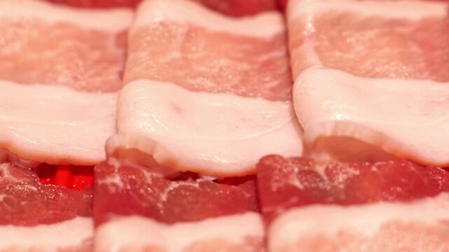 Raw Pork Belly Bacon Slices with Marbled Meat, Alternating Fat Layers, and Close Up Food Texture