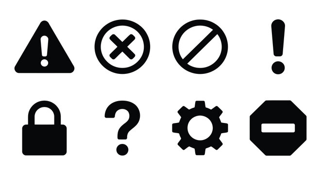 Collection of black warning prohibition and information flat icons on white