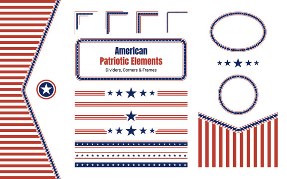 American Patriotic Design Elements Set, Red and Blue Dividers, Frames for Banner Graphic for Veterans Day or Memorial in the USA, Minimalist Star for USA National Independence Day, Isolated Symbols