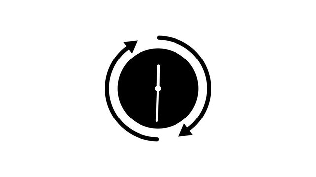 Minimalist black clock rotate arrow loop animation on white background, time history sync video element.
