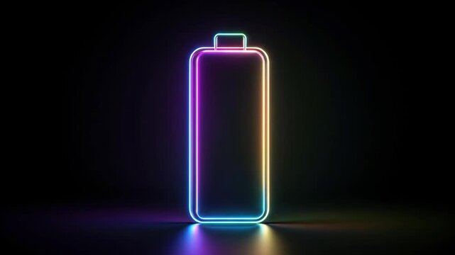 A glowing neon battery icon shines against a dark black background