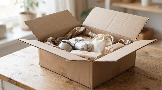 Open cardboard box filled with eco friendly packaging and gifts on a wooden table