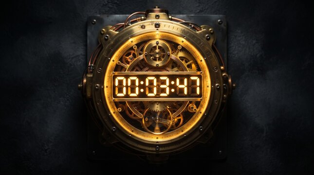 Steampunk digital timer countdown clock with intricate gears and glowing orange display