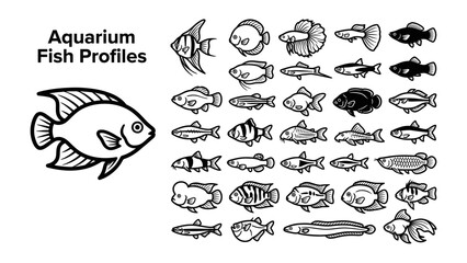 Fototapeta premium Aquarium Fish Collection: A graphic illustration showcasing a variety of distinct aquarium fish species, presented as individual profiles for identification and study.