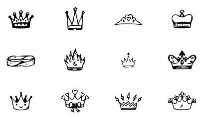 Fototapeta premium Collection of diverse hand drawn crown doodles arranged in lOOU1N3MUyC vKg set with simple line art design featuring sketches, drawings, vector graphics with minimalist and simple illustrations