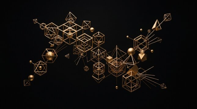 Abstract Golden Geometric Shapes Network Connected on Black Background
