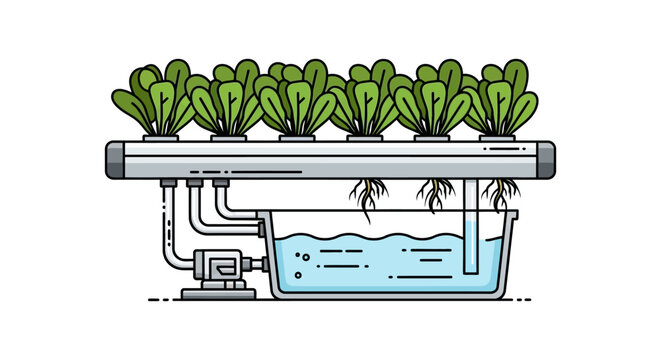 Hydroponic system illustration depicts plant growth with water reservoir and pump