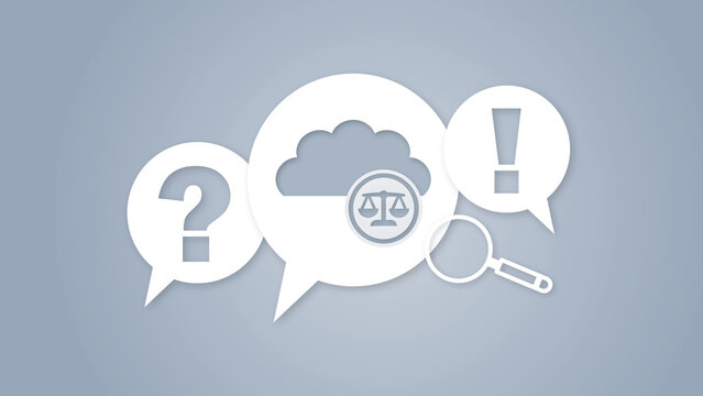 A professional legal advice concept graphic featuring speech bubbles with question mark, cloud and scales of justice, exclamation mark and a magnifying glass for consultations.