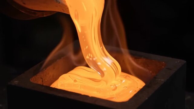 Molten glass pouring from a crucible into a dark graphite mould