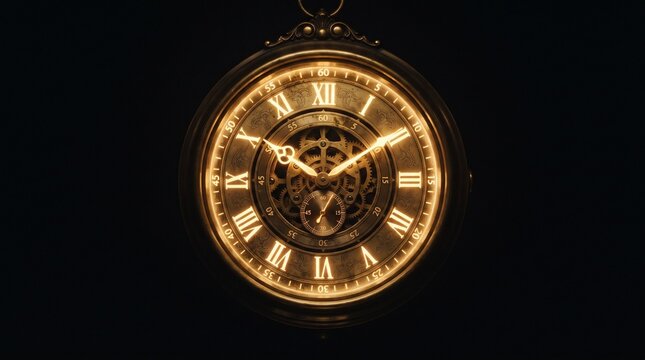 Antique pocket watch with intricate gears and Roman numerals glowing in the dark