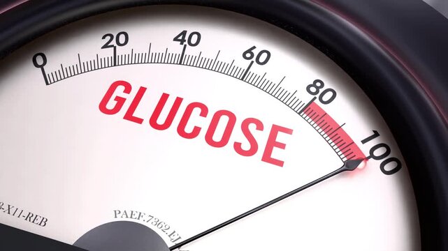 Glucose meter showing big values of glucose. Increasing and high levels of glucose. Maximum and 100% of glucose