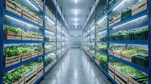 Wide Interior Of A Temperature-Controlled Produce Warehouse With Crates Of Fresh Green Vegetables