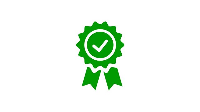 Animated green quality mark on transparent background. checkmark badge icon with ribbon, symbol of approval and quality Certified Approved Icon animation. 4k video