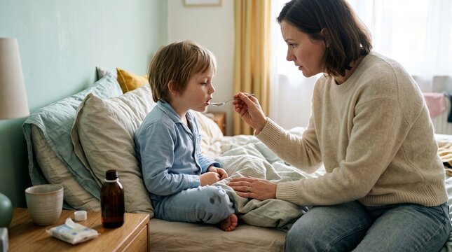 Parent giving medicine to sick child, Worried caregiver managing illness at home, Childhood sickness and family stress, Gentle bedside support, Clean caregiving lifestyle photograph