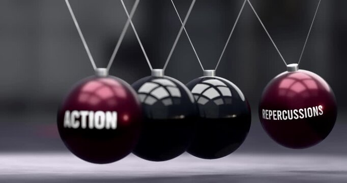 Action and repercussions in vicious cycle. Action causes repercussions. Newton cradle metaphor showing negative effects of action. Can be looped