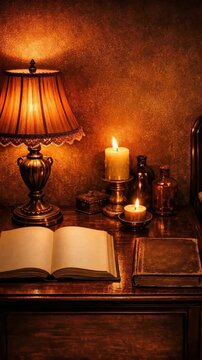 Antique Table with Open Books and Glowing Candles in a Mystical Study