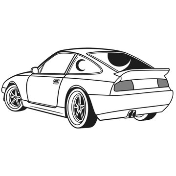 Black and white line of a sports car viewed from the rear angle, featuring a crescent moon symbol on the side car window