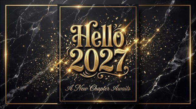 Celebrating the arrival of the year 2027 with dazzling golden fireworks and a hopeful outlook for a prosperous and joyful future filled with exciting possibilities