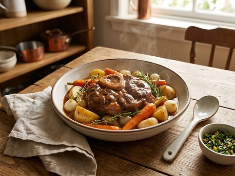 Homestyle veal osso bucco with root vegetables served on rustic wooden table. veal osso bucco