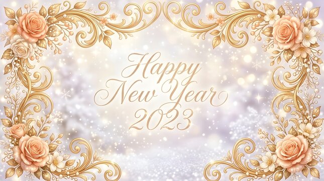 This image displays a celebratory 'happy new year 2027' message adorned with elegant floral arrangements and shimmering golden accents evoking a sense of joy hope