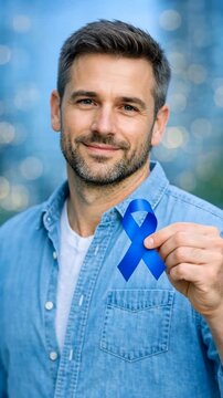 Portrait of a Smiling Man Holding a Blue Awareness Ribbon