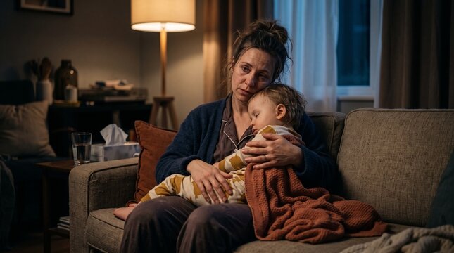 Exhausted parent holding sleeping sick toddler, Childhood illness causing sleepless night, Worried caregiver comforting child at home, Family stress and fatigue, Intimate lifestyle scene