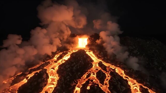 Glowing molten slag flowing down a heap at night