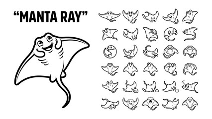 Manta Ray Collection: A whimsical illustration of a manta ray alongside a collection of diverse manta ray icons, perfect for design projects. © Khadiza