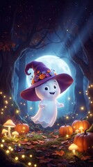 Obraz premium A cute baby ghost wearing a witch hat floats in a glowing forest surrounded by pumpkins and mushrooms. Concept Halloween, fantasy, children's art, and festive design. Generative AI.