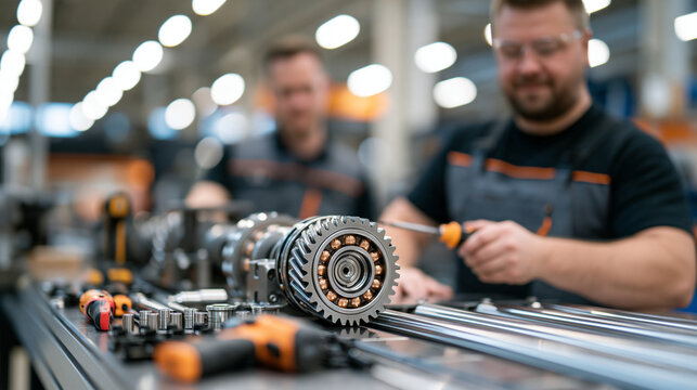Conveyor maintenance scene with tools and lubrication points grouped to the left, wide clean copy space on the right