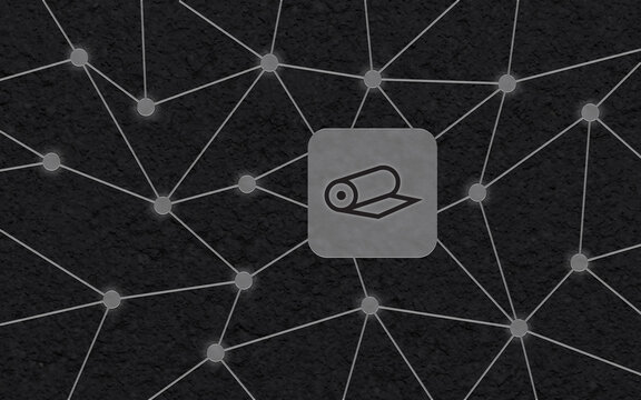Ein digitales Netzwerk auf dunklem Hintergrund zeigt ein hervorgehobenes Quadrat mit dem Symbol f&uuml;r Teppichrollen, was industrielle Logistik und Bodenbel&auml;ge symbolisiert.