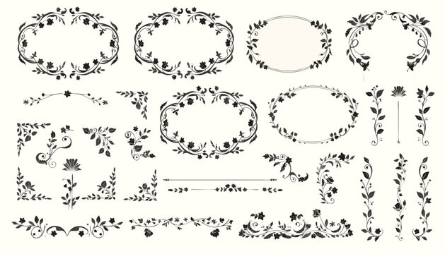 Floral ornament collection showcases detailed botanical illustrations in a monochrome vector style illustration blackwork scrollwork arabesque flourish vintage retro decorative design element motif