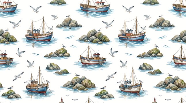 Seamless pattern with fishing boats and rocks