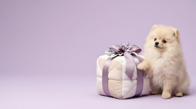 Adorable pomeranian puppy sits beside beautifully wrapped gifts for a celebration