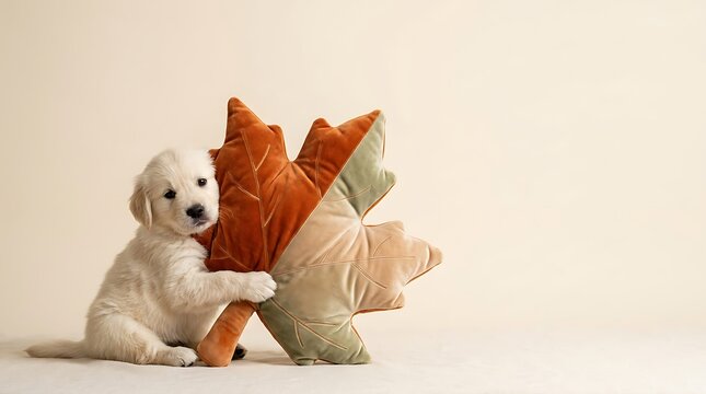 Adorable goldendoodle puppy snuggles with a bouquet of autumn flowers