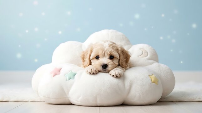 Adorable cavapoo puppy peeking from a stack of soft white fluffy pillows