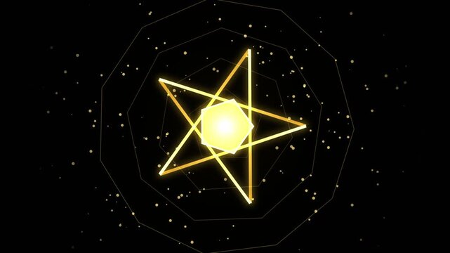 Golden pentagram and geometric shapes with glowing particles abstract background 4k video.