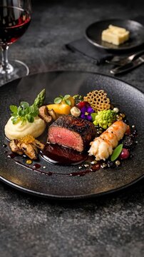Gourmet Steak and Grilled Shrimp Dish in Fine Dining Setting