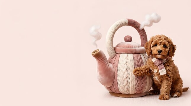 Adorable puppy with a vintage teapot and steaming hot tea on a pink background