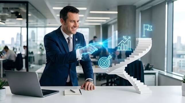 Businessman analyzing holographic data projections on a transparent desk while collaborating in a bright, modern office workspace.