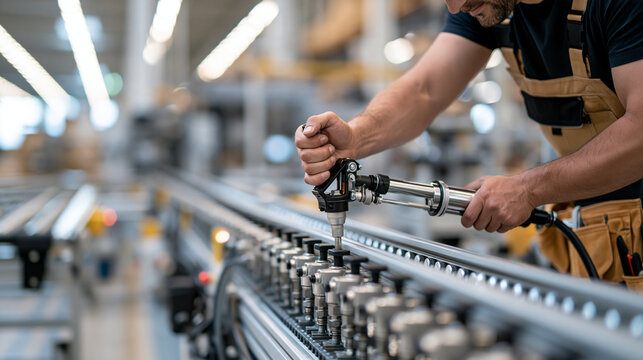 Technician using a grease gun on a row of conveyor lubrication points, tool belt visible, copy space on the right