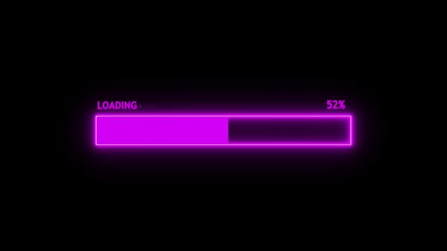 Purple neon loading progress bar animation from 0 to 90 percent, digital downloading indicator motion graphics
